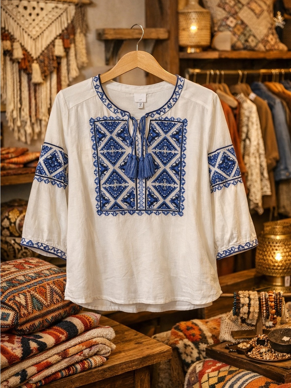 J. Jill White Peasant Top with Blue Embroidered Front